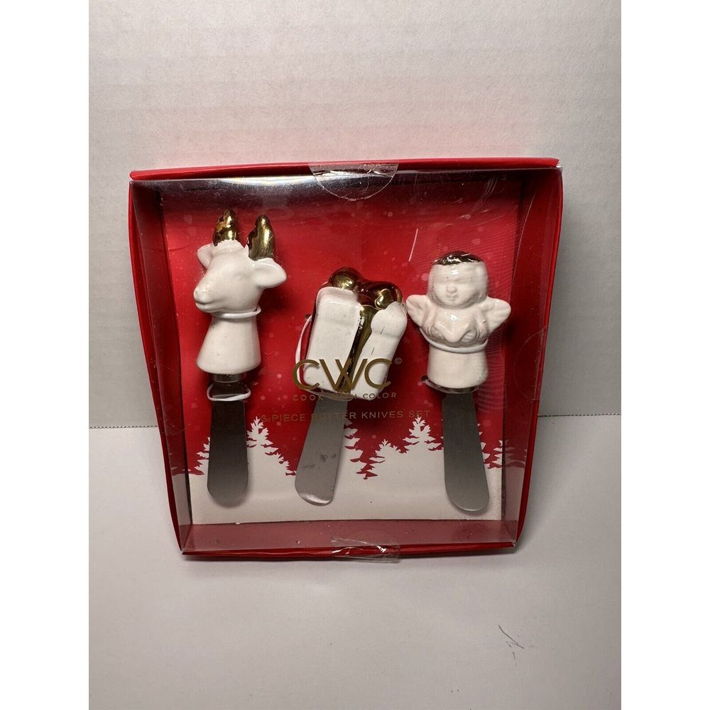 CWC 3pc Christmas Butter Knife Set, Cook With Color Ceramic Holiday Cheese Knife